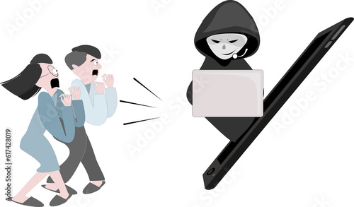 People were shocked because they were contacted by criminals.Scammer cartoon character.Online crime concept . Swindler and a thief are working at the computer. Voice Phishing.fake call center.
