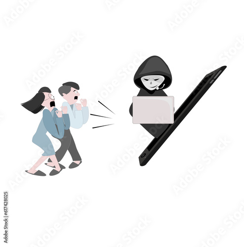 People were shocked because they were contacted by criminals.Scammer cartoon character.Online crime concept . Swindler and a thief are working at the computer. Voice Phishing.fake call center.