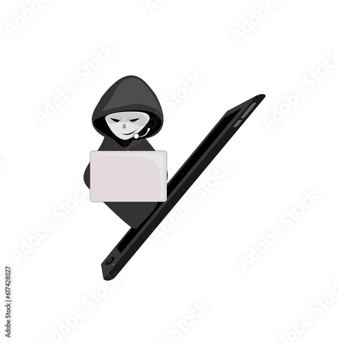 Scammer cartoon character on isolated white background.Online crime concept . Swindler and a thief are working at the computer. Voice Phishing.fake call center.