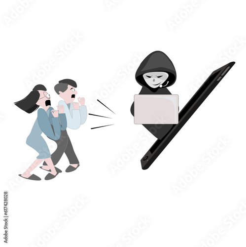 People were shocked because they were contacted by criminals.Scammer cartoon character.Online crime concept . Swindler and a thief are working at the computer. Voice Phishing.fake call center.