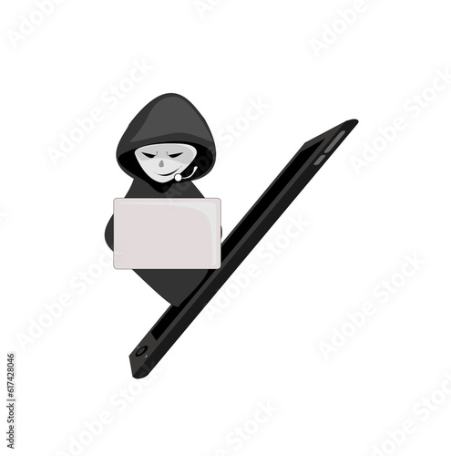 Scammer cartoon character on isolated white background.Online crime concept . Swindler and a thief are working at the computer. Voice Phishing.fake call center.