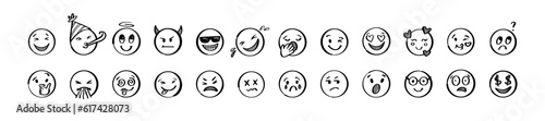 Doodle emoji set. Hand drawn sketch vector illustration. Pack of different expressions emoticons