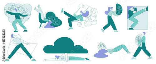 People Struggling with Clutter of Thoughts in Brain Vector Set