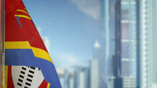 flag of Swaziland on modern city buildings bokeh backdrop for state holiday - abstract 3D rendering photo