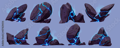 Blue cartoon rock boulder with smoke from glow crack set. Vector neon spark and mist texture in big granite broken stone element. Rough, heavy and cracked mysterious substance geology object design.