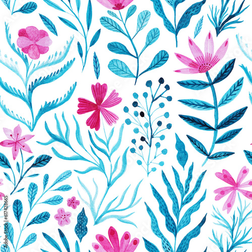 Watercolor floral seamless pattern, summer backdrop. Endless botanical wallpaper (ID: 617428665)