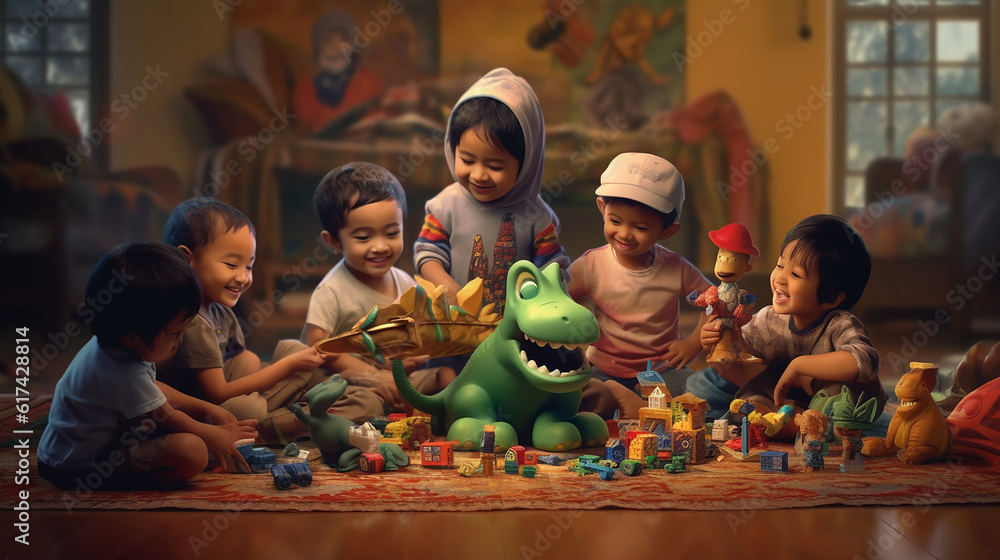 Generative AI image of multiracial friends playfully engaged with an array of toys, embodying the beauty of friendship, imagination, and shared laughter transcending cultural backgrounds.