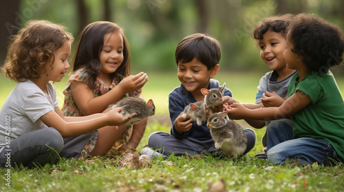 Generative AI image of multiracial friends delightfully playing with adorable rabbits, embodying the pure bliss of friendship, diversity, and the magic of connecting with nature's gentle creatures.