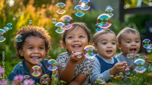 Multiracial friends gleefully immersed in a sea of floating bubbles, capturing the essence of joy