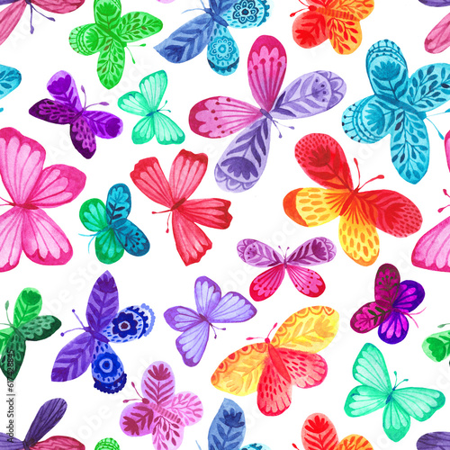 Seamless pattern with watercolor butterflies. Freehand drawing, rainbow colors pattern. Decorative wallpaper design (ID: 617428845)