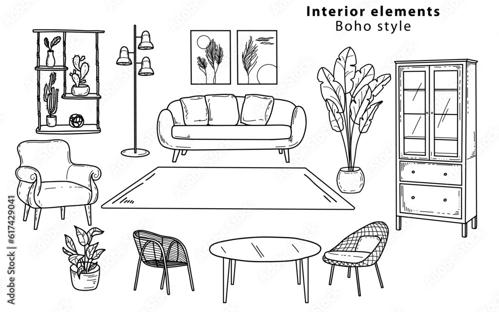 Scandinavian furniture Interior elements Boho style. Cozy home environment for the living room. Hand-drawn doodle style elements. 