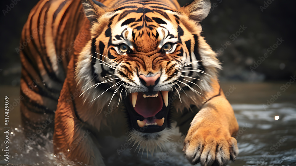 Roaring tiger crossing the stream. AI generated Roaring tiger crossing the stream. AI generated