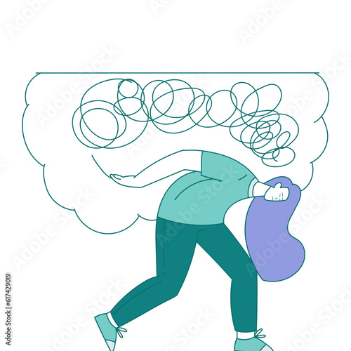 Sad Woman Bend Under Load of Clutter or Tangled Skein Suffer from Psychic Illness Vector Illustration