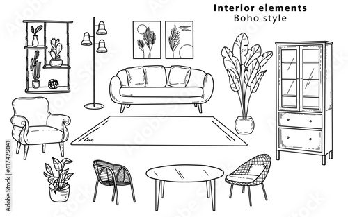 Scandinavian furniture Interior elements Boho style. Cozy home environment for the living room. Hand-drawn doodle style elements. 