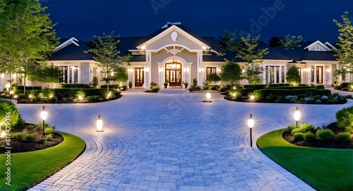 Photo of a modern villa with a beautifully lit walkway leading up to it © Usman