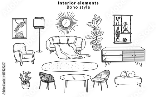 Scandinavian furniture Interior elements Boho style. Cozy home environment for the living room. Hand-drawn doodle style elements. 