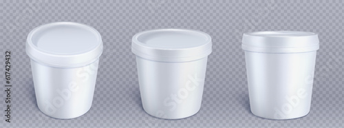 White plastic ice cream bucket container mockup. 3d yogurt paper round cup vector mock up. Clear realistic frozen food packing template for branding different pack view. Isolated mousse tube image