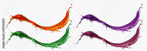 3d liquid juice, red wine and purple drink splash isolated on transparent background. Realistic cherry berry cocktail drop flow. Grape wave with falling droplet illustration. Blueberry spiral syrup
