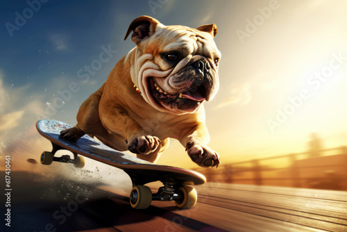 British bulldog rides a skateboard down the street on a sunny afternoon. Fun depiction of a dog playing.