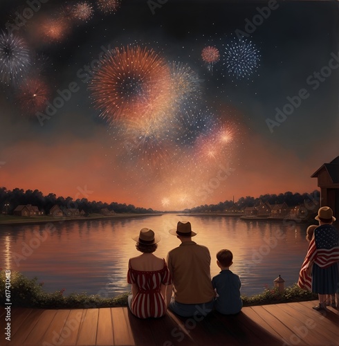 Fourth of July Family Watching Fireworks on Independence Day Celebration AI Generative Vintage Style Painting
