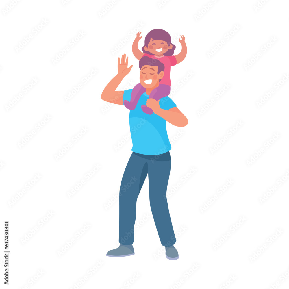 Young Dad with Daughter on Shoulders Dancing to Music Moving Body Vector Illustration