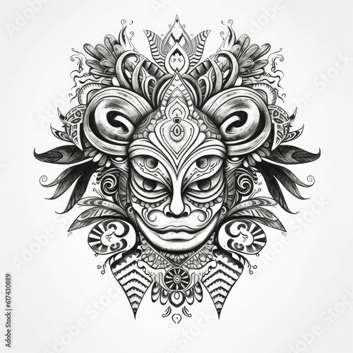 a drwing of a fantasy floral tribal cat mask in black and white. Tattoo idea for an ornamental face. © Mirador