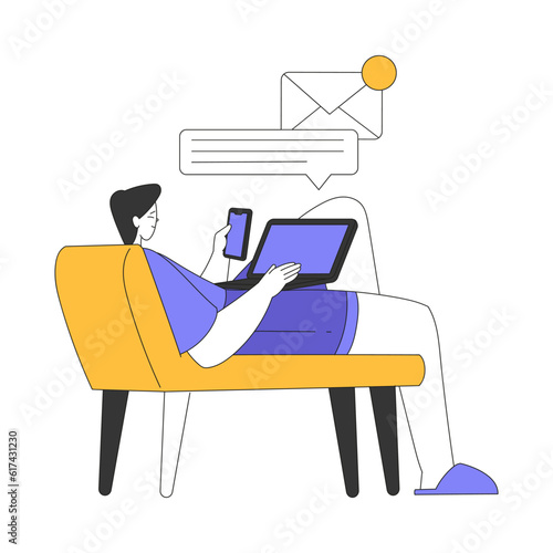 Teleworking with Young Man Lying on Couch with Laptop Working from Home Vector Illustration