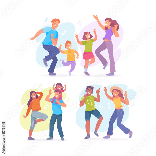 Happy Family and People Dancing Together with Kid Vector Set