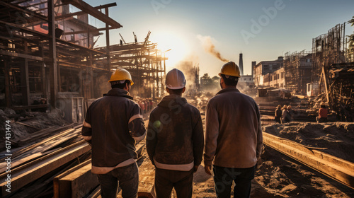 Group of engineer and worker working on construction site at sunset time. Generative AI.