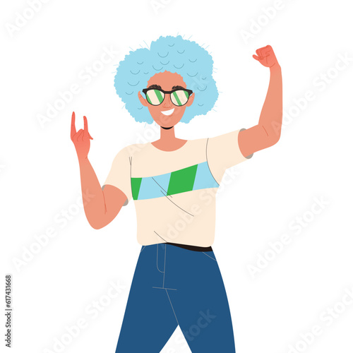 Man Fan Character in Sunglasses Show Horn Hand Gesture Cheering for Sport Team Vector Illustration