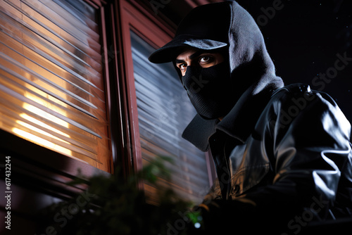 Burglar breaking into a house, home invasion, thief, burglary, masked, hood, security and insurance concept