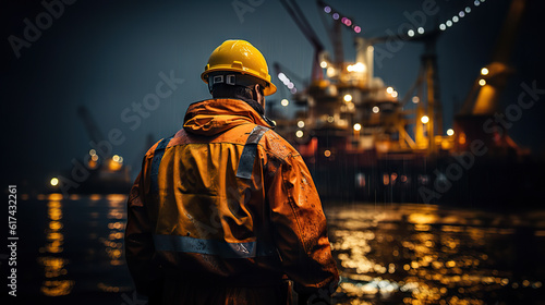 Night Shift Vigilance Industrial Worker Observing Oil Rig Operations in Stormy Weather. created with Generative AI