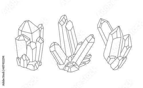 Hand-drawn crystal minerals set isolated on white background. Minimalistic line art. 