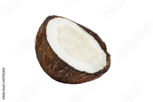 Half a coconut in a coconut shell on a blank background. PNG