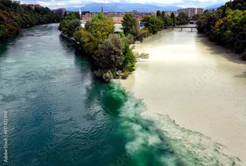 Geneva Jonction, Switzerland, Europe - place where two rivers Rhone left and Arve right conect and from this place one river - Rhone flows further