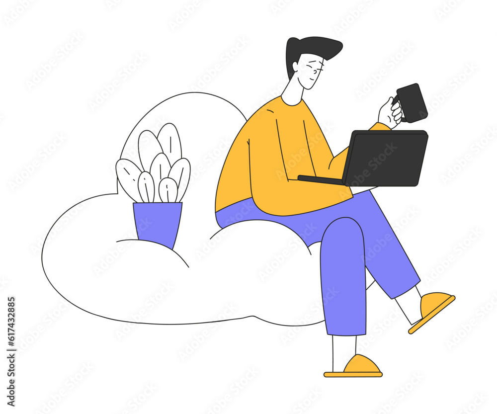 Young Man Character Working at Laptop Sitting on Cloud in the Sky Vector Illustration
