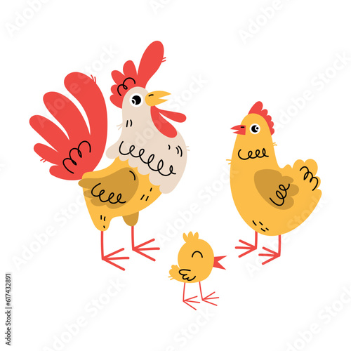 Cute Hen, Chick and Cockerel as Farm Animal Vector Illustration