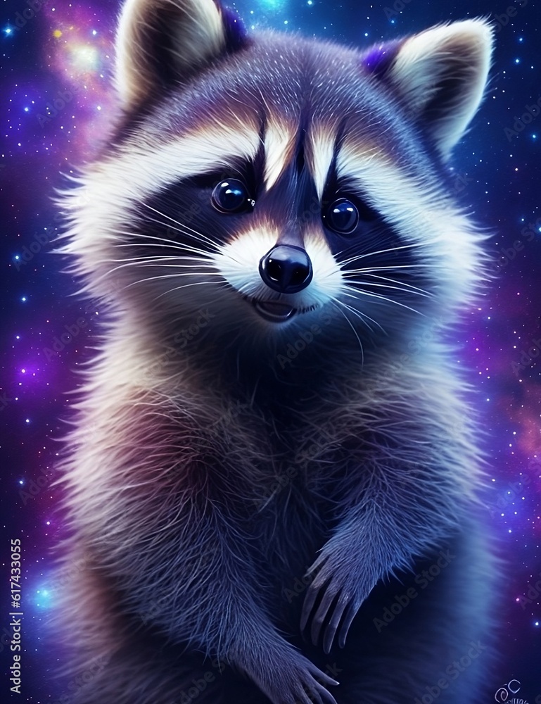 Obraz premium Cute racoon in realistic style whit galaxy background