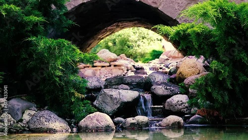 Green Nature Garden decoration of Mini waterfall set with stone and tropical fern plant forest patterns in the garden