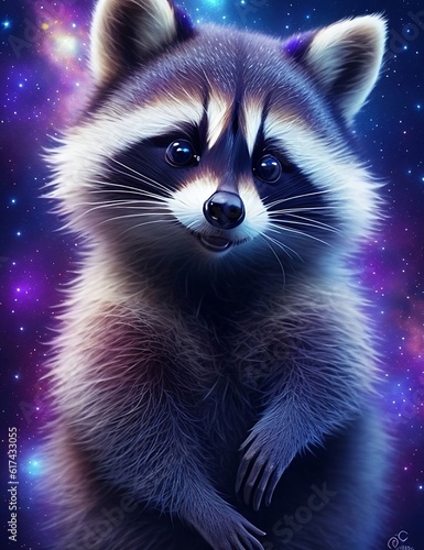 Cute racoon in realistic style whit galaxy background © Luc