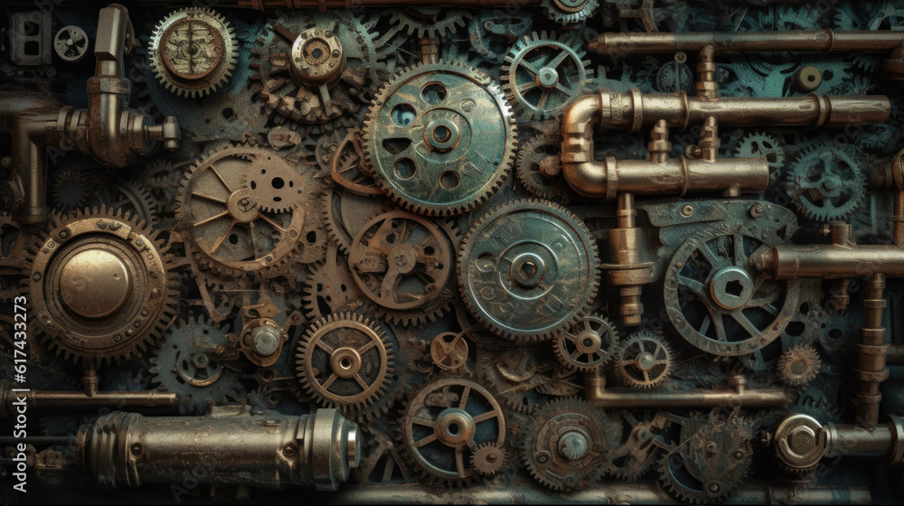 old mechanical gears and pipes. background for designers. Generative AI