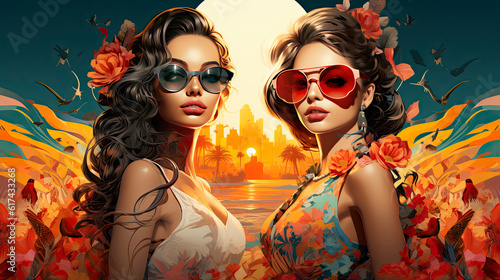 Two smiling female friends wearing fashionable sunglasses and floral hair accessories stand in front of a beautiful full moon in the night sky - Generative AI