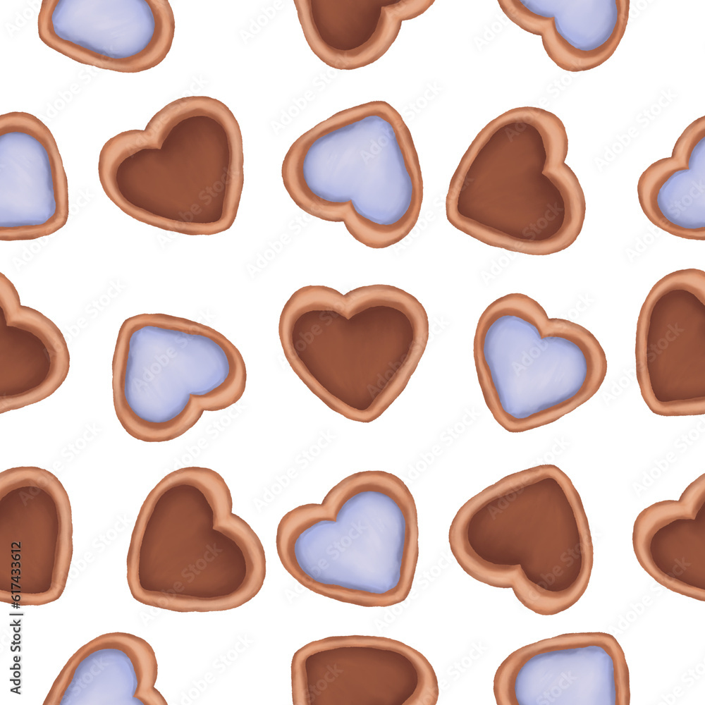 Fototapeta premium Watercolor chocolate and white chocolate heart shaped cookie seamless pattern. Watercolor cookie illustration.