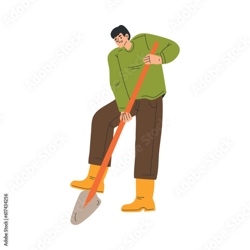 Happy Man Farmer Character with Shovel Digging Soil Vector Illustration