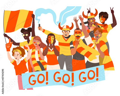 People Crowd of Fans with Flag and Attribute Cheering for Sport Team Vector Illustration