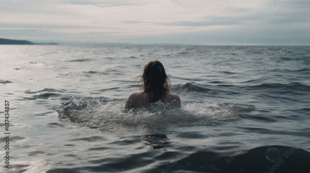 back view of a woman swimming in cold water. Generative AI back view of a woman swimming in cold water. Generative AI