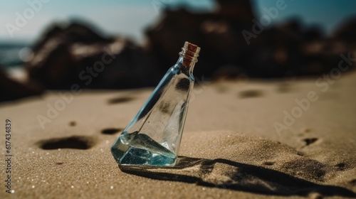a glass bottle on the beach by the sea. Generative AI