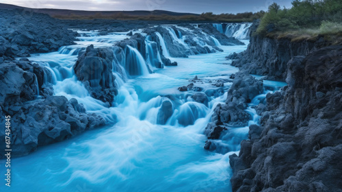 beautiful big waterfall in winter with turquoise water. Generative AI