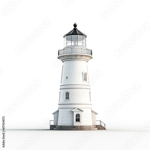 Old lighthouse isolated on white background. Painted in bright colors and built to guide ships approaching the coast.