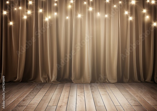 Brown curtains theater scene stage backdrop. Curtain with space for copy. show background performance concert.  Theater background  Empty scene with a red curtain  AI generative